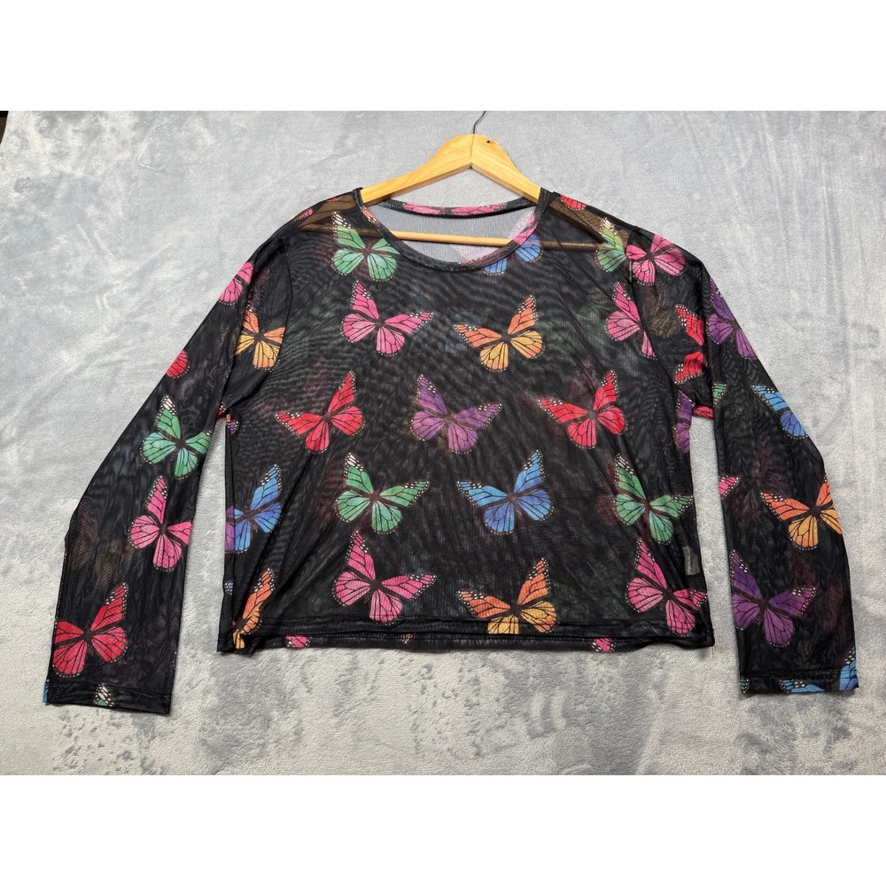 Shein Sheer Crop Top Womens 3XL Black Colorful Butterfly Print Mesh Round Neck